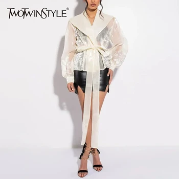 TWOTWINSTYLE Solid Casual Patchwork Lace Up Blouse For Women V Neck Long Sleeve Spliced Mesh Embroidery Blouses Female Fashion