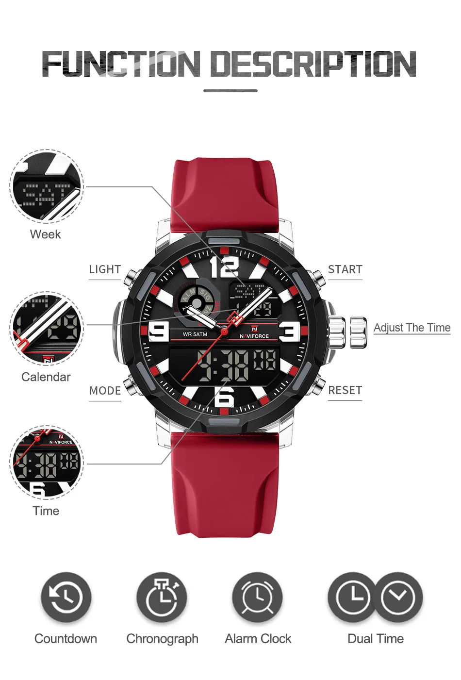 NAVIFORCE Men's Sport Watch 5Bar Waterproof Quartz