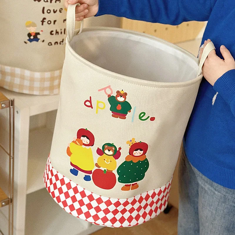 

Large Kids Laundry Hamper Collapsible Thicken Canvas Plaid Cartoon Storage Basket for Toy Clothes Bedroom Nursery Room Organizer