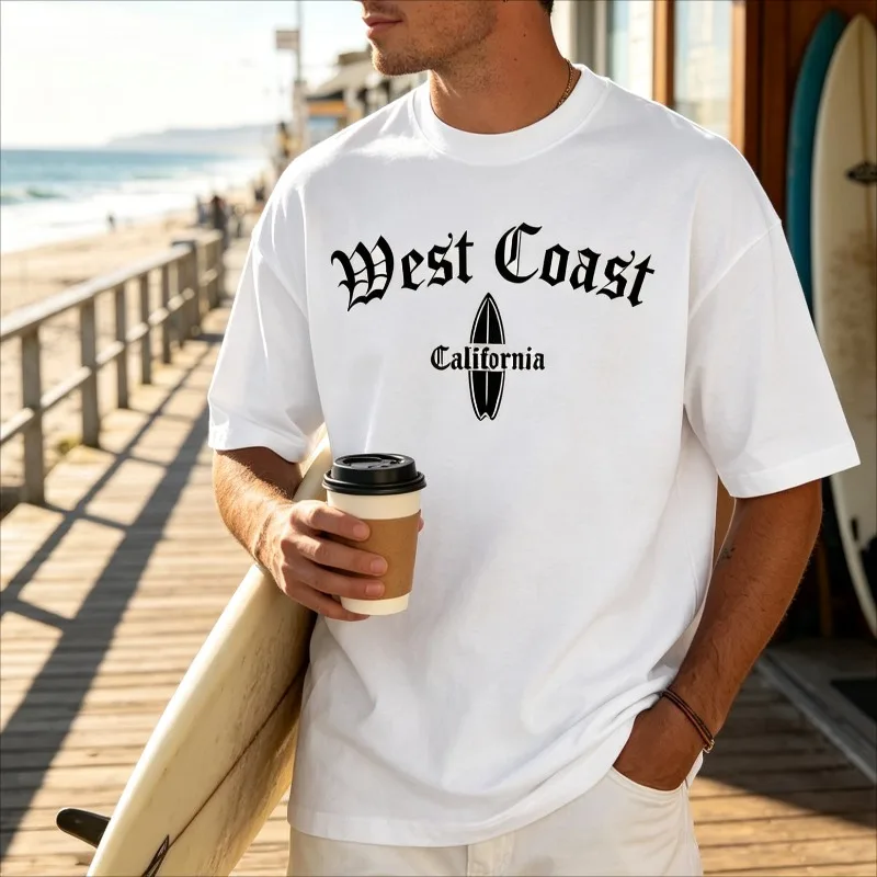 West Coast California Men’s Surf City Graphic T-Shirt Soft Modal Casual Tee for Beach Streetwear Surfing Gift