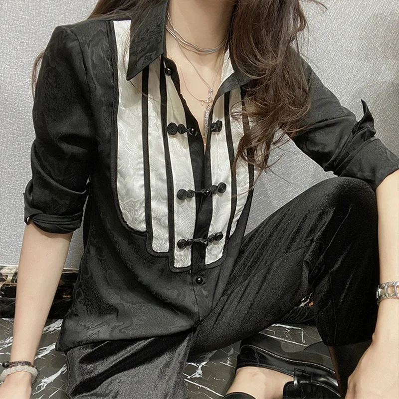 Spring Autumn Chinese Style Fashion Harajuku Tops Women Casual All Match Female Clothes Patchwork Blouse Long Sleeve Shirt Lady