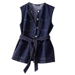 2024 Autumn New Style Good Take Sleeveless Big Pocket Denim Vest Female Waist Slim Temperament Vest Straight Casual Coat