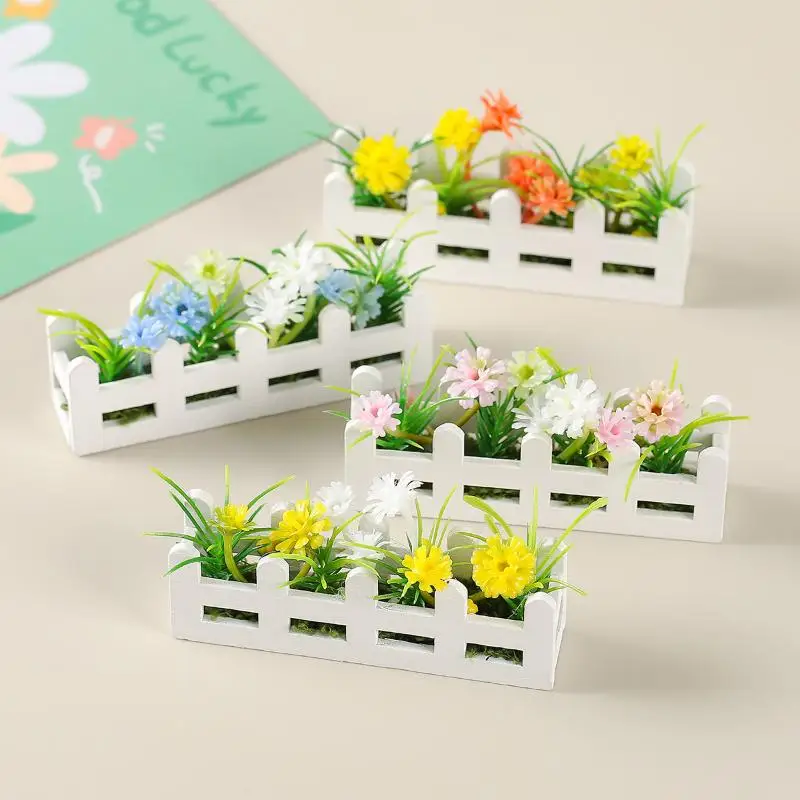 Levensechte 1 stks miniatuur potplanten met bloemhek voor fantasiespel, 1:12 schaal poppenhuis tuin decor speelgoed
