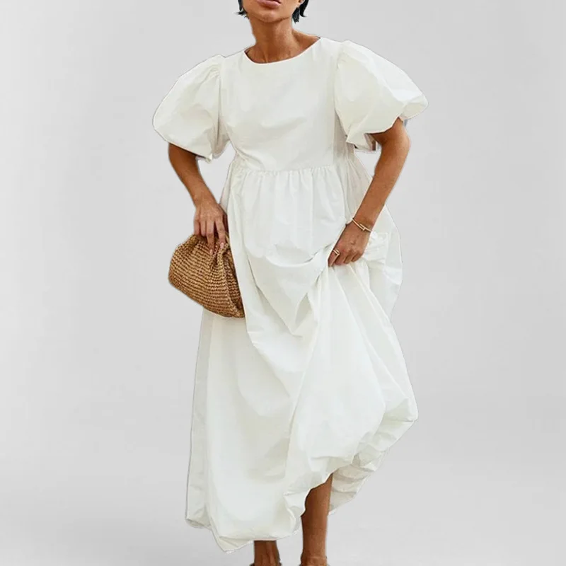 

TOY-2025Spring Summer New Women's Round Neck Puff Sleeve Solid Color Loose Elegant Dress