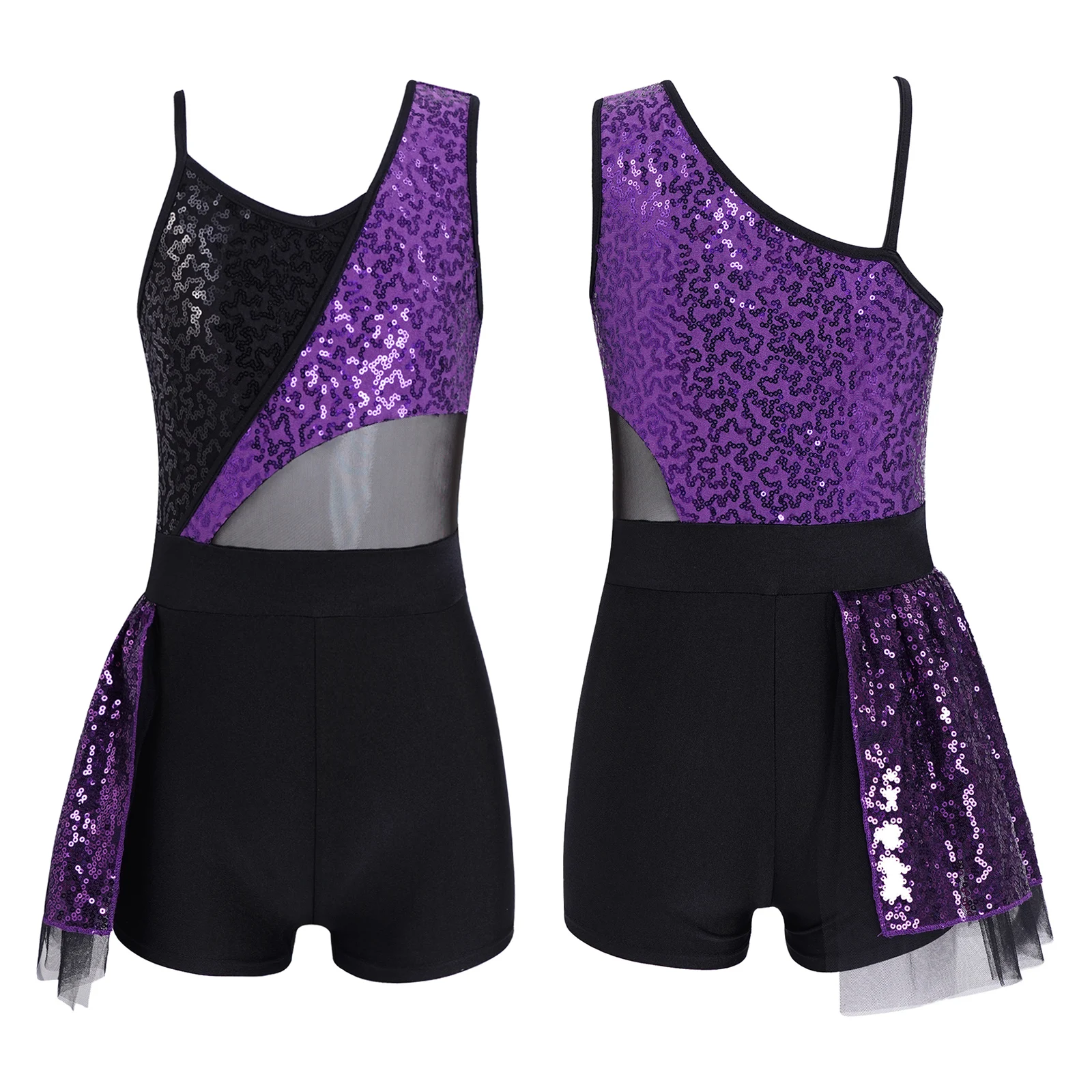 Children Girls Gymnastic Jumpsuit Activewear Stylish Ballet Dance Leotard Sleeveless Mesh Patchwork Ruffle Hem Unitards