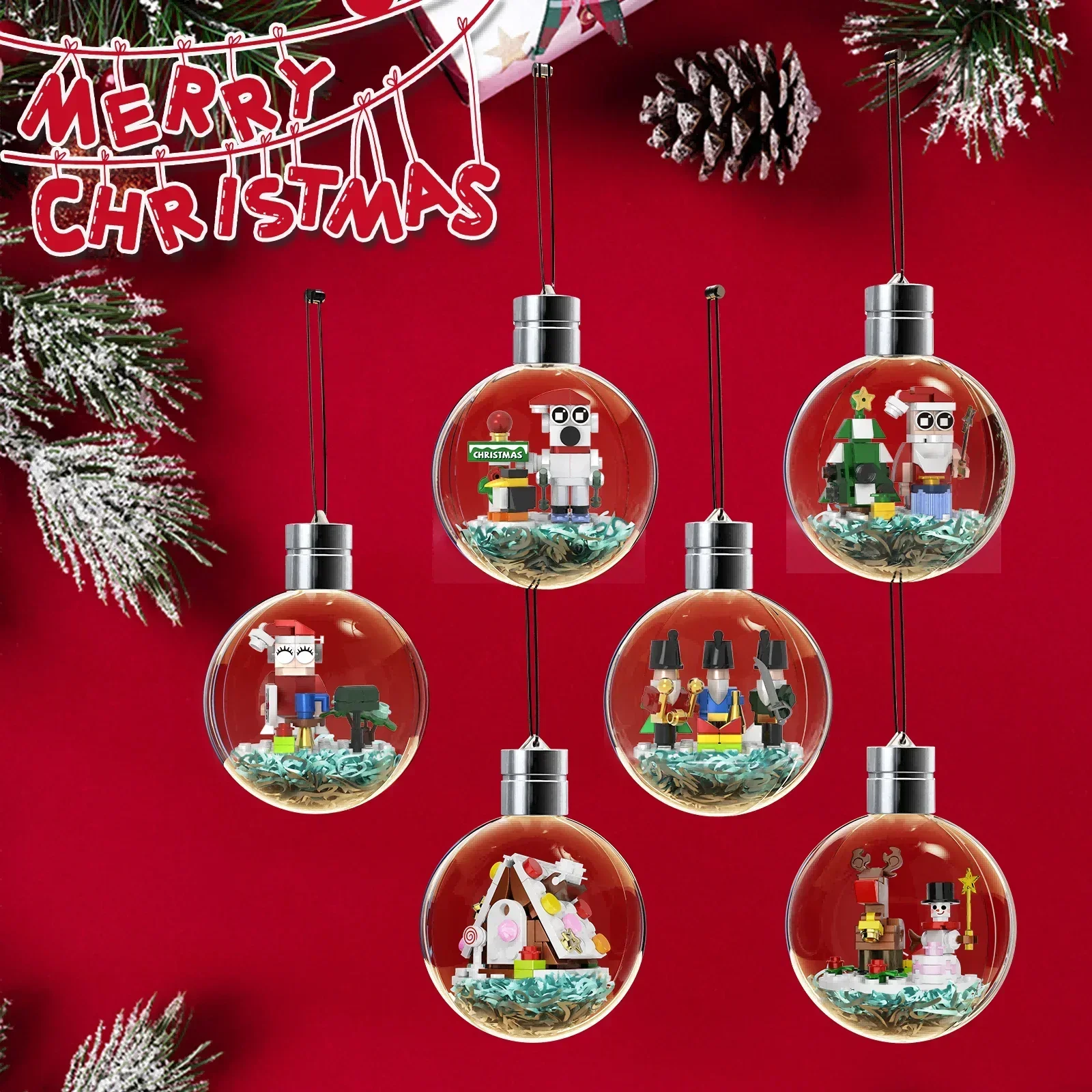 MOC Christmas Light Bulb Decorative Pendant 6-in-1 Christmas tree Gingerbread House Building Block Set DIY Kids Puzzle Toys Gift