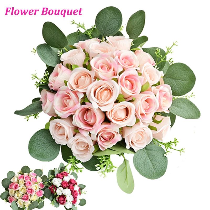 

Wedding Bouquets 24pcs Rose & 10 Eucalyptus Leaves Artificial Flowers Bride Holding Flowers For Wedding Decoration Party Decor