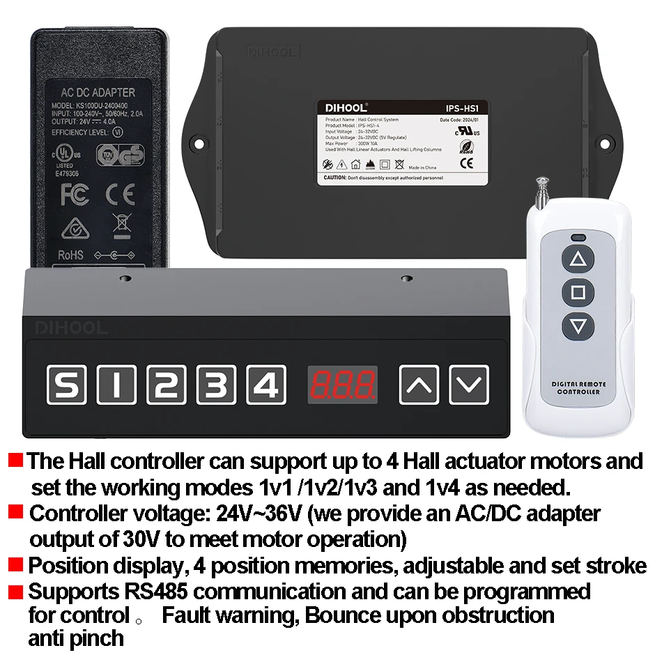 

Hall Controler For DC Motor Lift Table Desk Linear Actuator AC 100V-240V To DC24V 60W Height Display Memory Remote Control