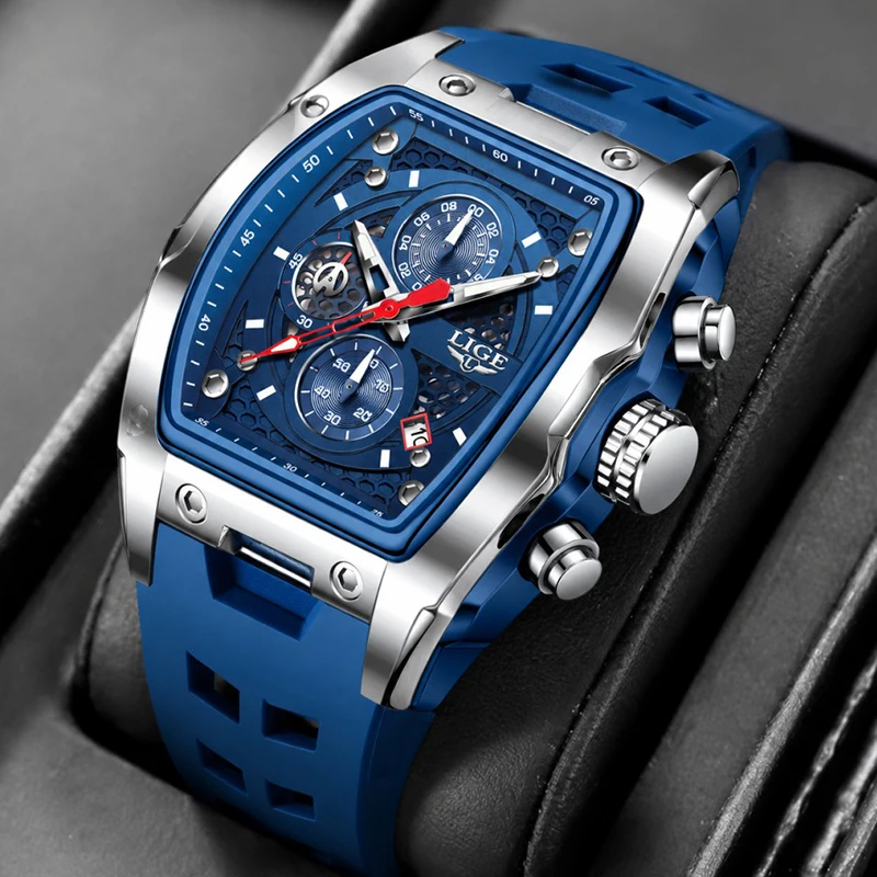 LIGE Tonneau Watch Men Rose Gold Chronograph Multi-function Quartz Watches for Men Blue Silicone Strap Sport Casual Wristwatch