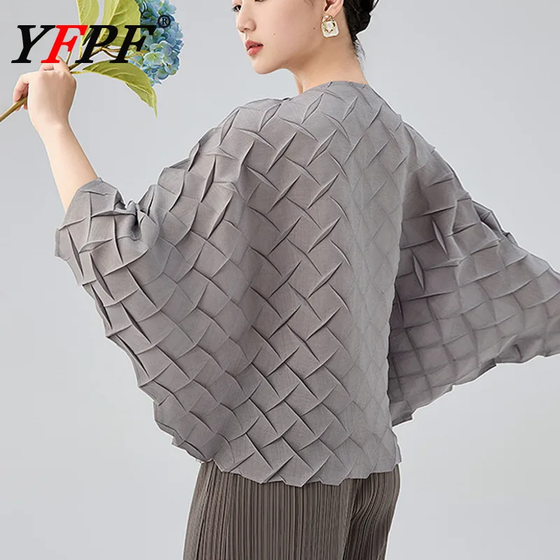 

YFPF Miyake Pleated Design Shirt Women Lapel Solid Color Batwing Sleeve Loose Button Oversize Blouse Casual 2025 New Clothing
