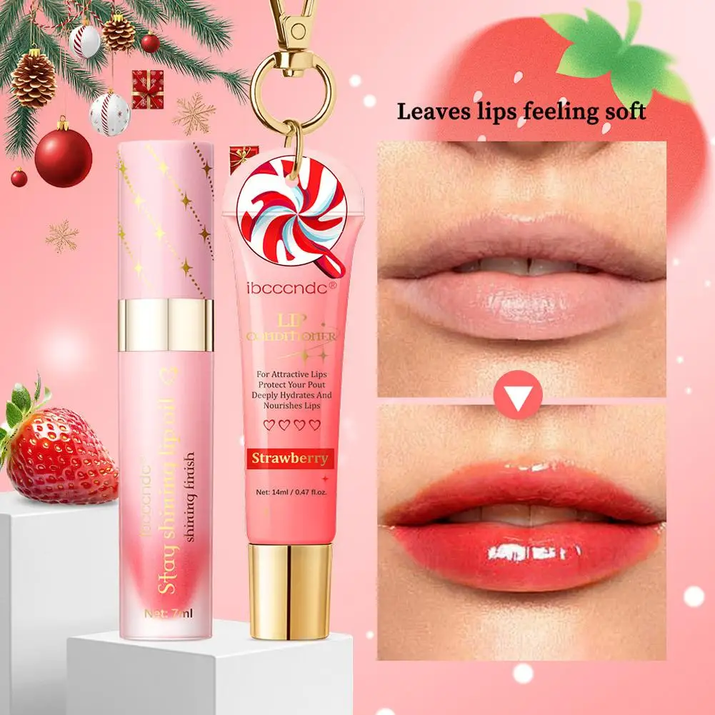 Lippenfleck- und Lippenöl-Set, Erdbeergeschmack, glänzendes Gel auf Wasserbasis, feuchtigkeitsspendend, feuchtigkeitsspendend, für Damen, Lippen, Make-up, Kosmetik, Weihnachten
