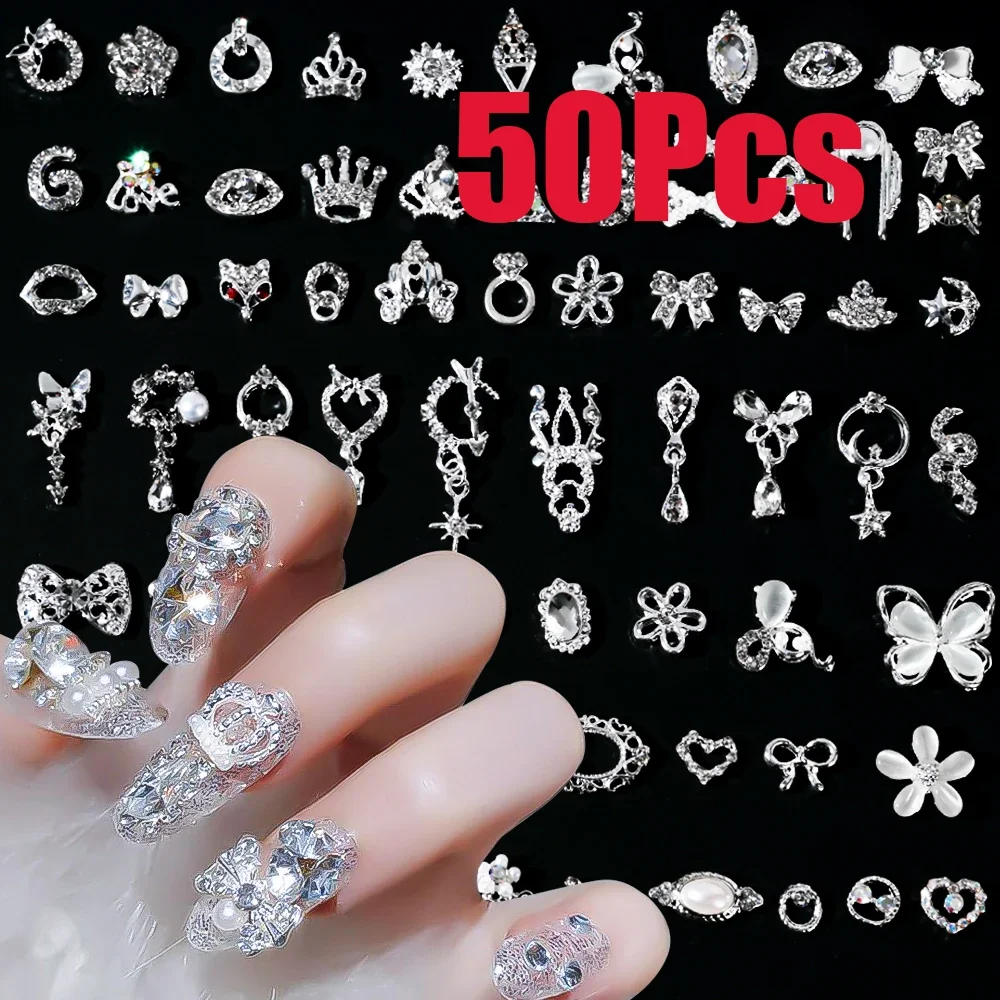 

50 шт. 3D серебряный бант/корона металлические подвески для ногтей с кисточкой кулон бабочка украшения для дизайна ногтей смешанные блестящие принадлежности для маникюра