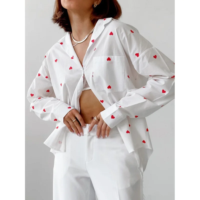 Camisa de solapa de lino y algodón con estampado en forma de corazón para mujer, nueva moda de primavera, venta al por mayor, TopYy18