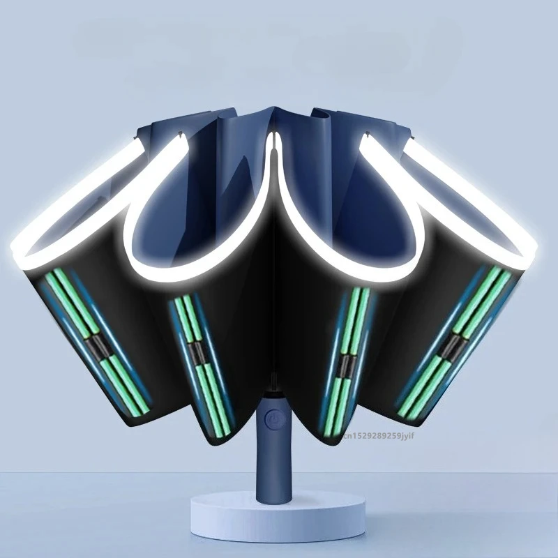 Paraguas automático antiviento de 10K con doble estructura, 20 varillas, tira reflectante, plegado inverso y protección UV para coche