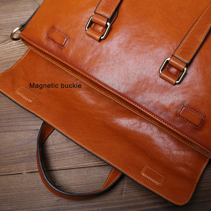 JLFGPJ Men\'s Briefcase Leather Retro Casual Horizontal Style Vegetable Tanned Top Layer Cowhide Crossbody 13 inch Computer Bag