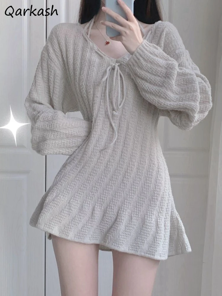 

Women Gray Knitted Dresses Stylish French Style Long Sleeve Dress Autumn Winter Tender Cute Female Retro Graceful Mini Vestidos