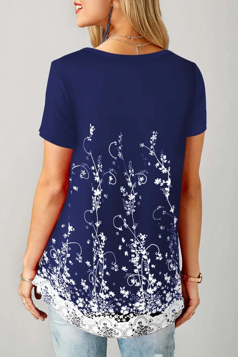 Plus Size Floral Print Hollow Out Short Sleeve T Shirt