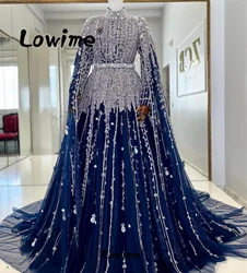 Navy Blue Evening Dresses 2024 Robe De Soiree Long Sleeves A Line Glitter Beads Prom Dress Muslim Party Second Reception Dresses