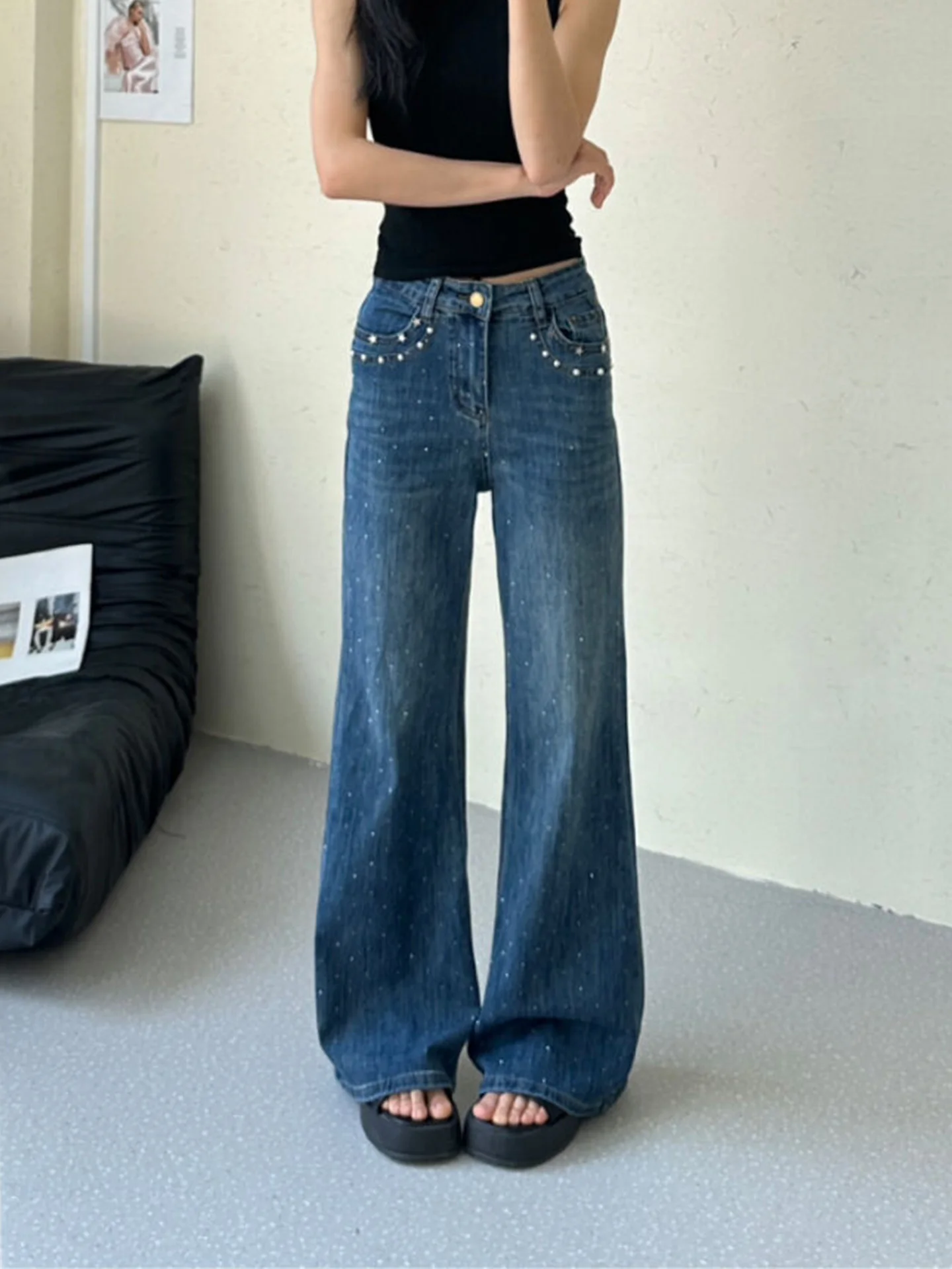 

Retro Washed Slim Fit Jeans Women's Summer New Style Pocket Straight Leg Jeans Fashionable And Slimming Medium Waist Zipper C...