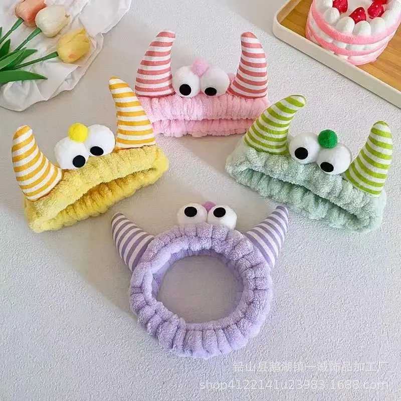 Cartoon Big Eyed Monster Plush Headband, Striped Horn Anti Slip Hair Band, Cute 3D Face Washing Makeup Headwrap For Women Daily