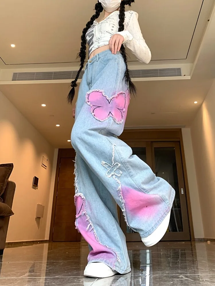 

American Vintage Butterfly Embroidered Jeans for Women Spring Autumn New Straight Denim Pants 2025 High Waist Wide Leg Pants
