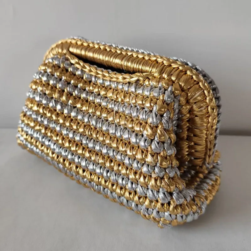 2026 New Hand Woven Gold Silver Contrasting Splicing Handbag Fashion Crossbody Bag Clip bag
