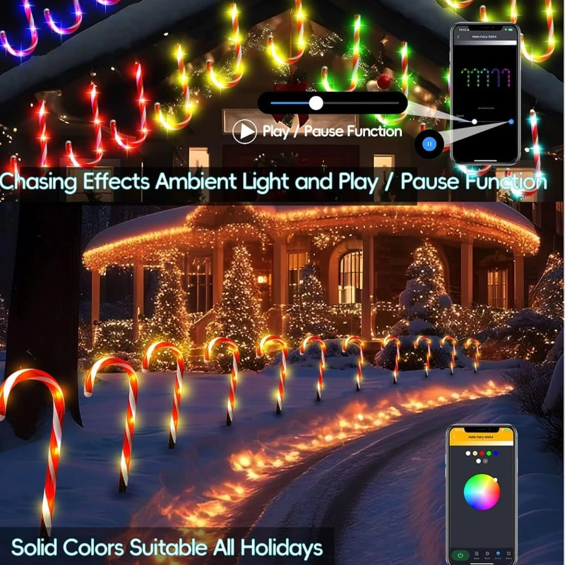 12 pacotes de luzes inteligentes para caminho de natal ao ar livre, luzes de caminho com efeitos de perseguindo diy, controle por aplicativo de temporizador o luzes de bastão de doces rgb 10''