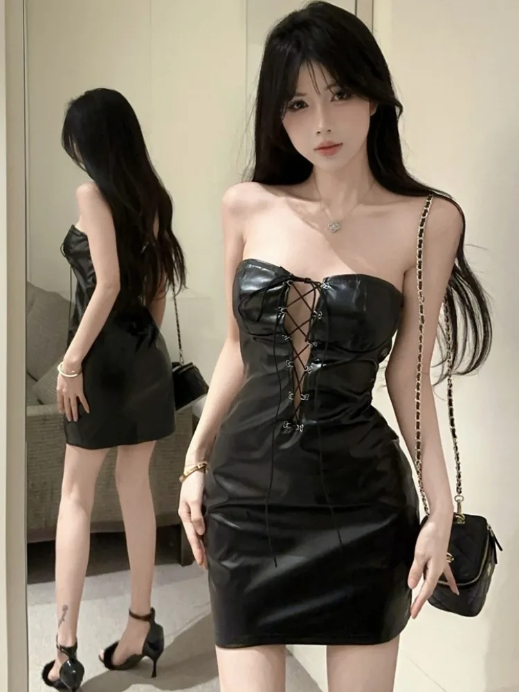 

Sexy Spicy Girl Deep V Neck PU Leather Tube Dress Summer Design Sense Knot Tight Slimming Short Skirt Women's Fashion Dress