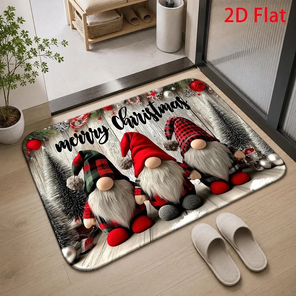 Xmas Gnome Dwarf Doormat Plaid Hat Pine Cone Box Print Decorative Floor Mat Festive Winter Rug for Indoor Front Door Home Use