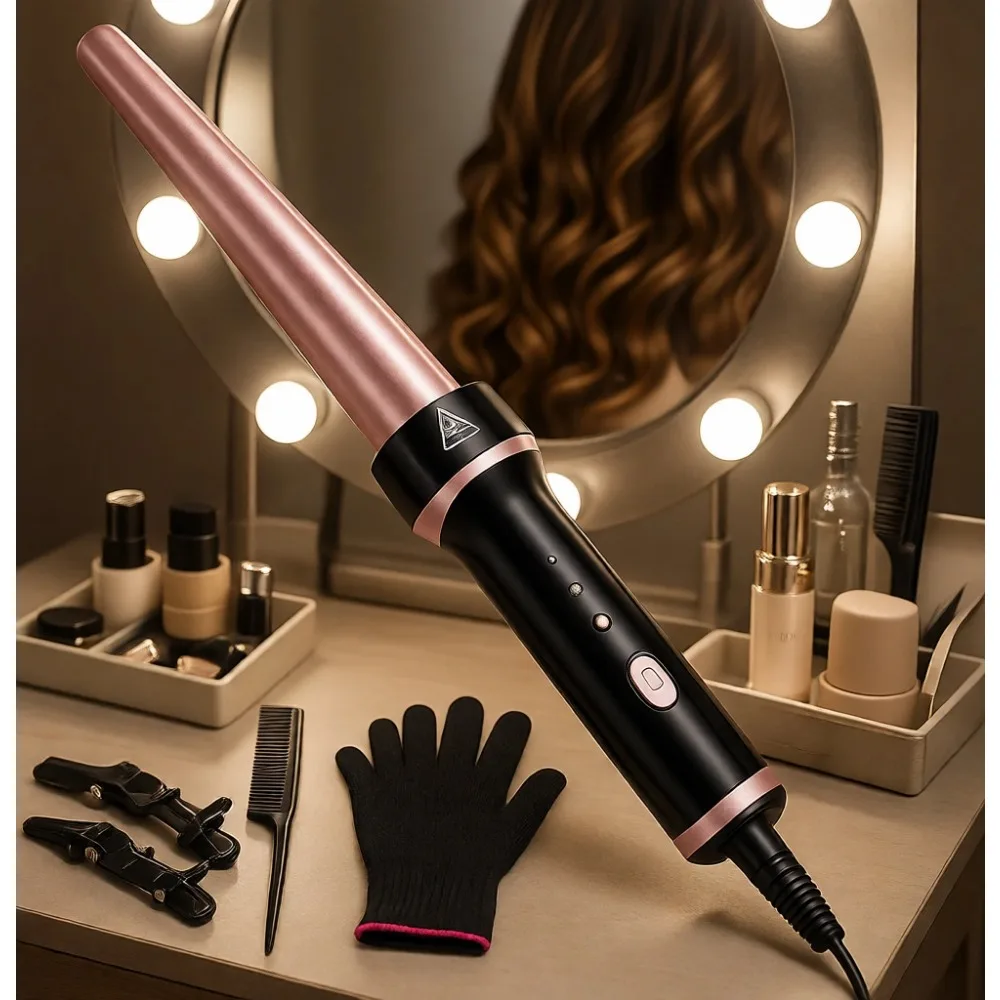 Tapered Ceramic Curling Wand 0.5 to 1 Inch Dual Voltage Includes Heat Glove for All Hair Types