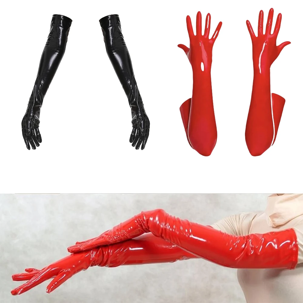 Frauen sexy nass aussehen lange Latex handschuhe BDSM Sex exto ische Nacht Clubwear Gothic Fetisch Handschuhe Kleidung Zubehör schwarz rot Fäustlinge