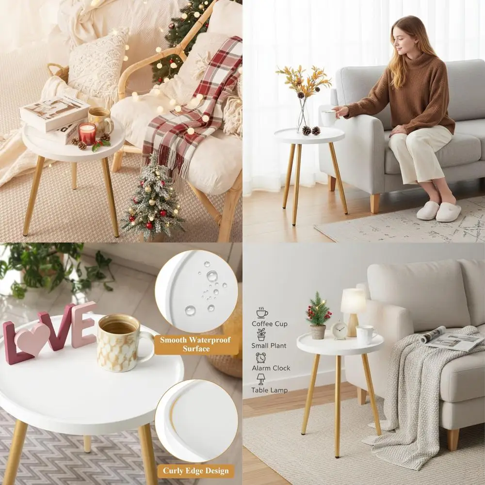 

Компактный белый столик с золотыми акцентами и деревянным подносом, идеально подходит для гостиных, спален и детских комнат, 14,96 x 14,96 x 17,52 дюйма