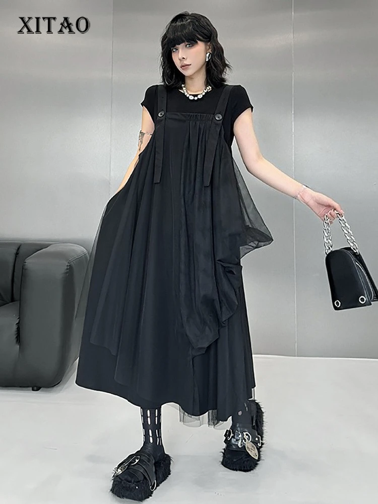 

XITAO Gauze Patchwork Asymmetrical Dress Square Collar Solid Color Loose Slimming Sleeve Spaghetti Strap Casual Dress ZMY1306
