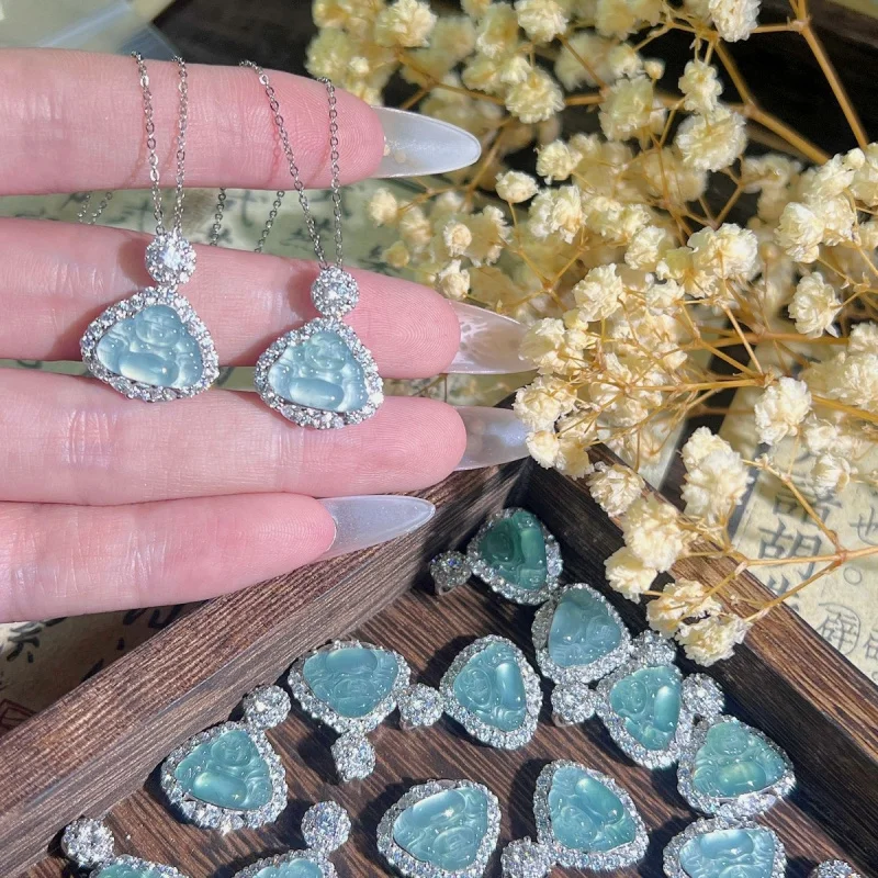 

Popular on Xiaohongshu: Natural Blue Water Jadeite Buddha Pendant for Women, New Chinese Style Fashionable and Cool Necklace Acc