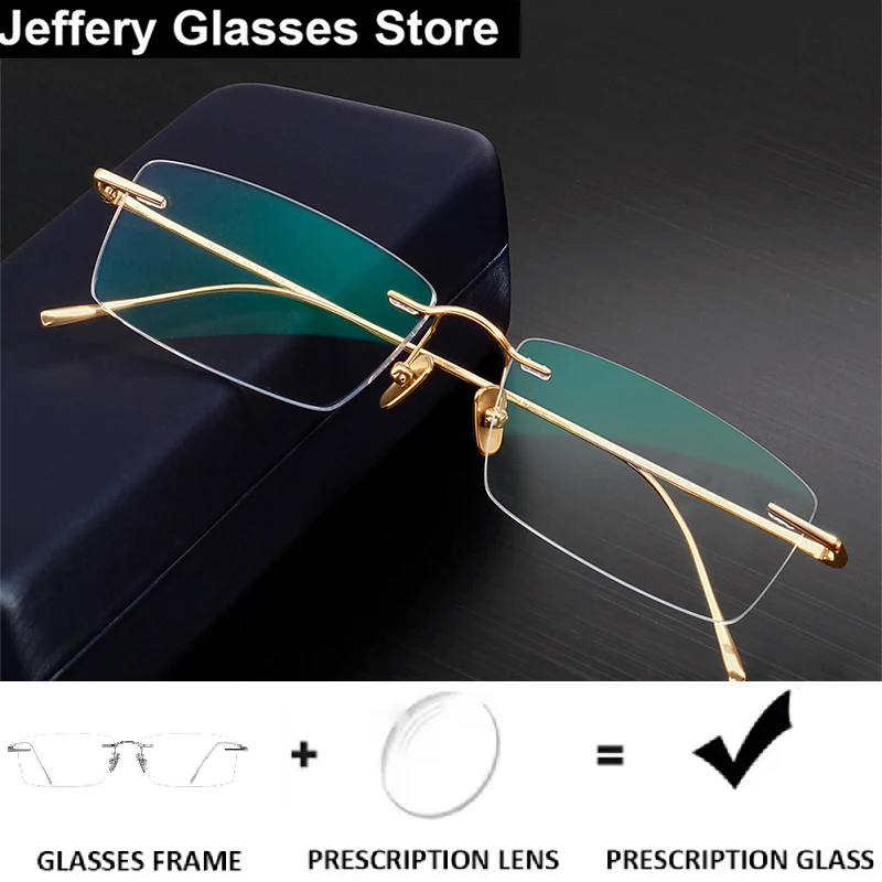Vintage Men Square Rimless Prescription Glasses 9069 Business Titanium Ultralight Optical Lens Eyeglasses Frame Myopia Spectacle