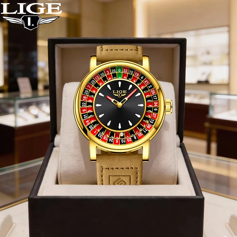 

Мужские часы LIGE с уникальным креативным дизайном, кварцевые, модные, в стиле ретро, с циферблатом в виде рулетки, кожаным ремешком, повседневные, водонепроницаемые, подарок для мужчин