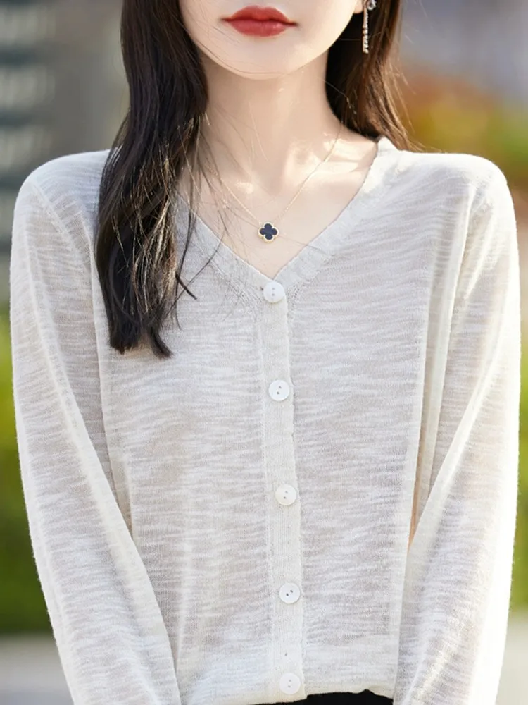 

Ele V-Ne Open Cardigan Women's Outerwear Loose Thin Knitted Sweater Summer 2024 New Sle Spring Autumn Loose Jaet