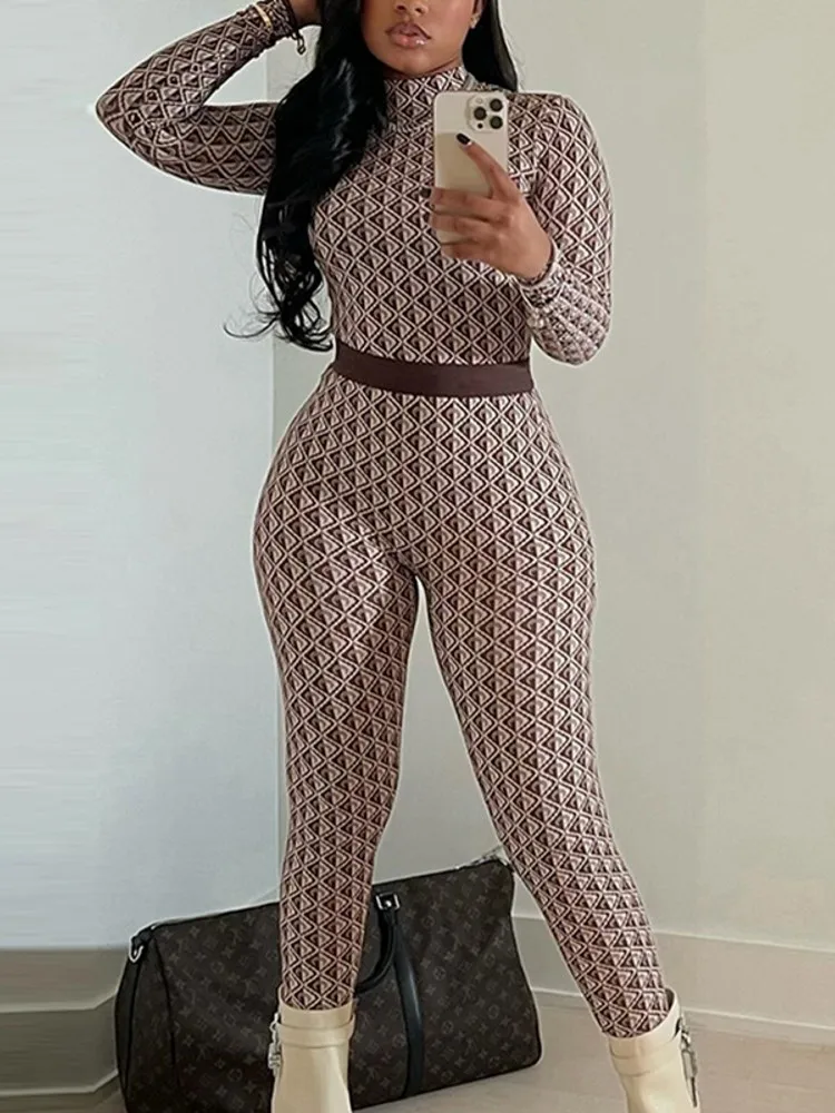 Damskie kombinezony z nadrukiem na wiosnę i lato, z długim rękawem, okrągłym dekoltem, luźne, modne, streetwearowe, spodnie typu ołówkowe, spodnie, 2026