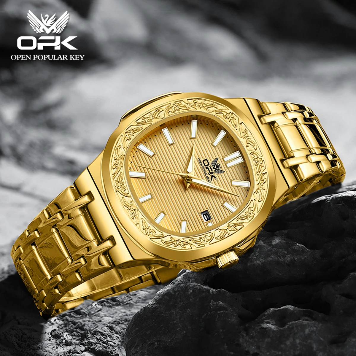 OPK 8145 Golden Watch Men Stainless steel Date Engraved Bezel Wristwatch Man