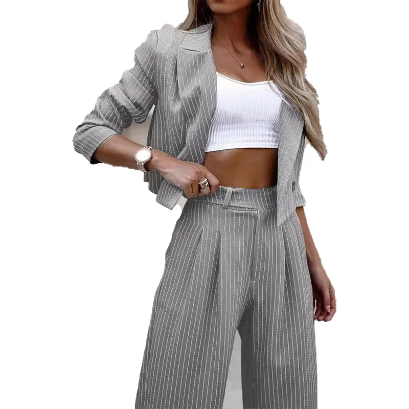 Women\'s Casual Striped Short Lapel Suit And Straight Pants Suit Conjuntos Femininos Elegantes Women\'s Pantsuit New Matching Sets