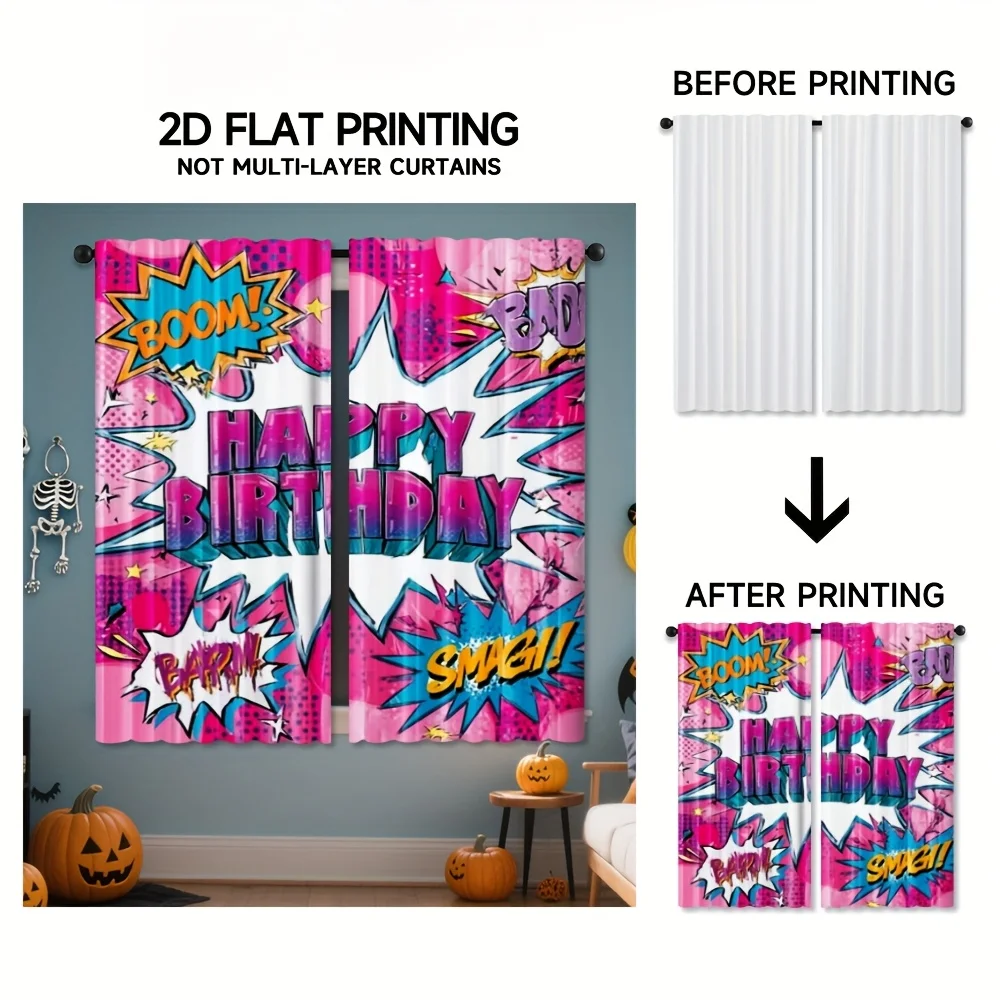2pcs Birthday & Halloween Curtains - Comic Book Style Window Drapes with BOOM! BAD! Graphic, Semi-Sheer Rod Pocket Window Treatm