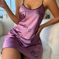 Fashion Heart Print Nightdress Ice Silk Pajamas Elegant Scoop Neck Criss Cross Back Sleep Dress Women'S Sleepwear Home Dress