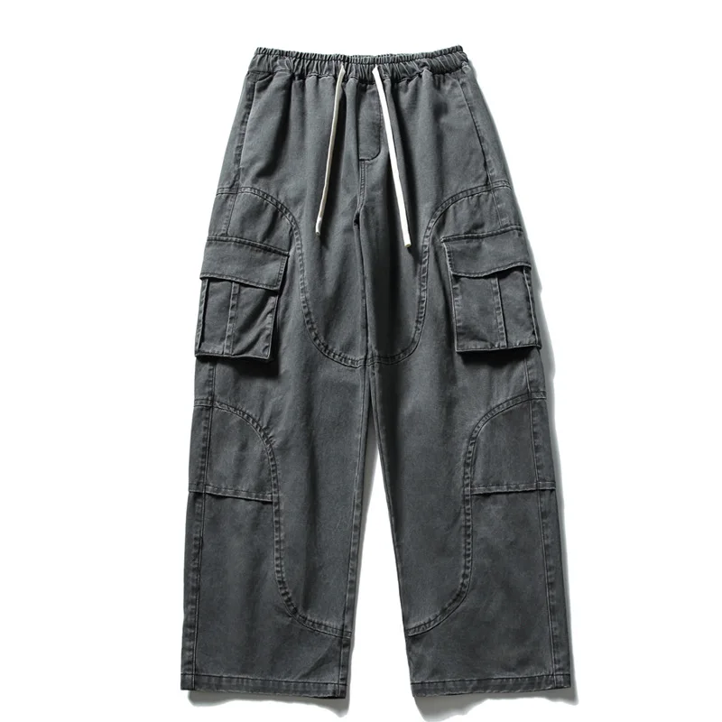 

Japanese Retro Amekaji Cargo Pants Unisex Washed Distressed Multi-Pockets Loose Full Length Drape Casual Trousers