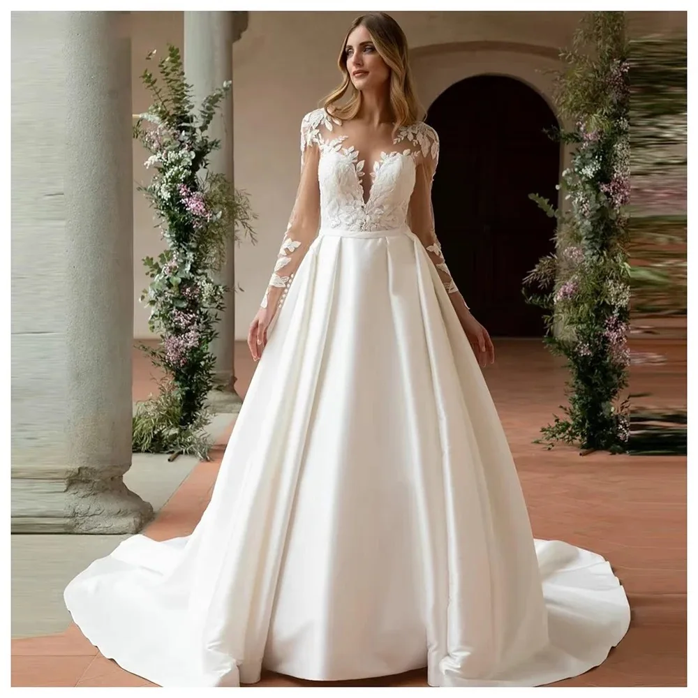 

Элегантные свадебные платья по индивидуальному заказу, атласные свадебные платья, кружевные аппликации, халат с длинными рукавами для официальной вечеринки, Vestidos De Novia