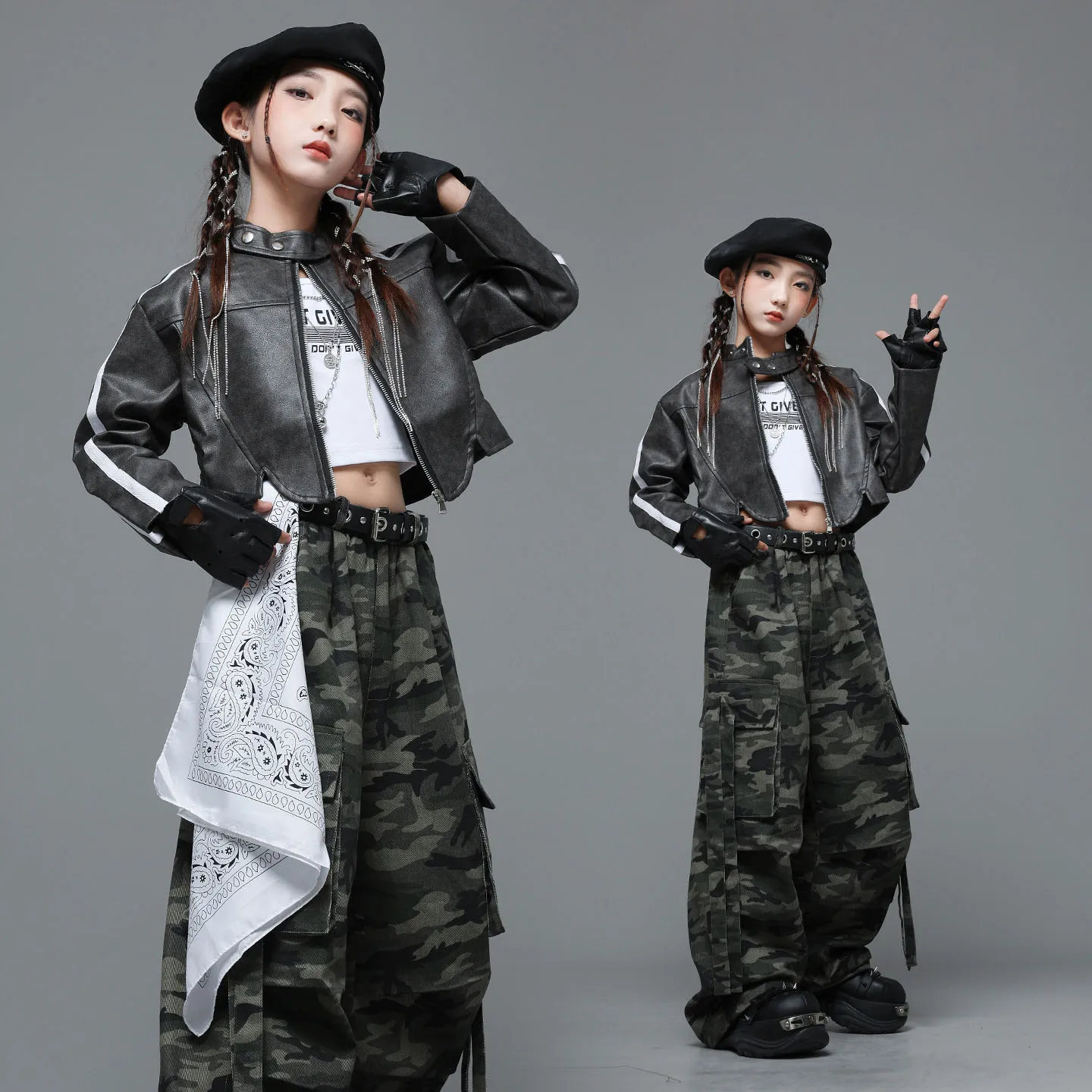 Kid Kpop Hip Hop Clothing Brown PU Leather Crop Jacket Top Camo Strap Parachute Cargo Pants for Girl Jazz Dance Costume Clothes