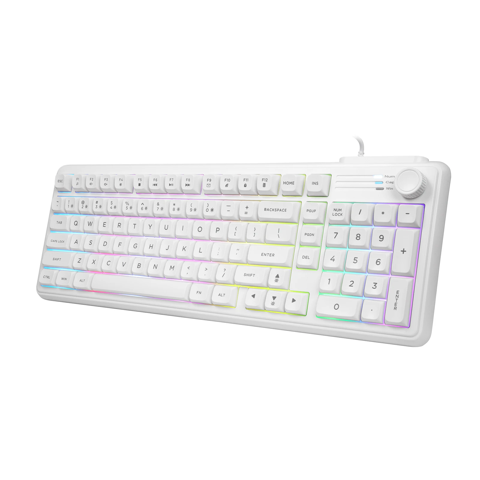 HUOJI Silent RGB Membrane Gaming Keyboard 99 Keys  PBT Keycaps, Knob Control, Spill-Resistant, 96% Layout with Numpad  White