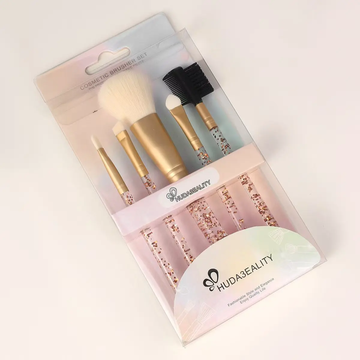 Conjunto de pincéis de maquiagem de cerdas macias, 5 peças com alças de cristal-pó portátil, sombra e pincéis de sobrancelha, kit cosmético de viagem