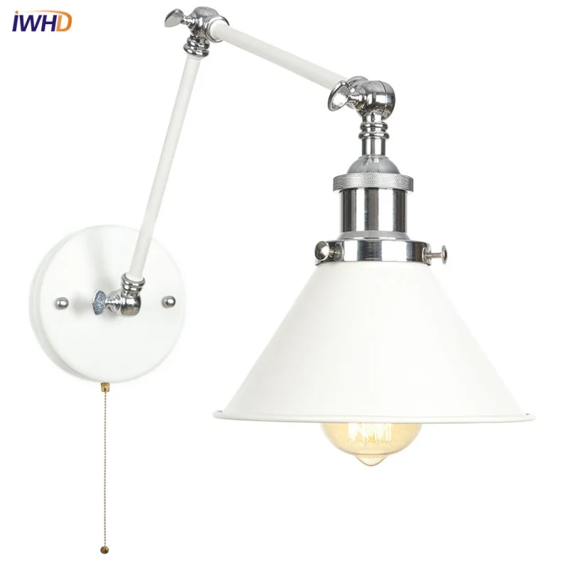 

IWHD White LED Wall Lamp Sconce Vintage Stair Light Fixtures Living Dining Room Bar Hallway Pull Chain Switch Industrial Lampara