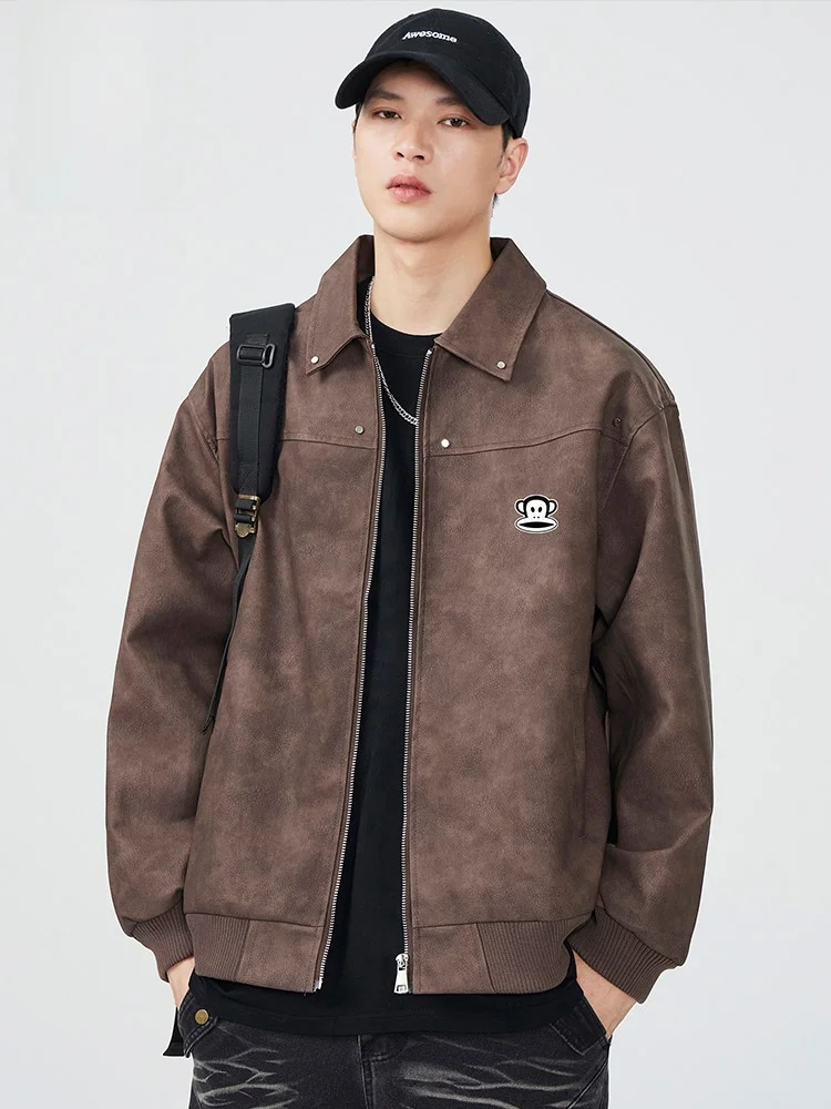 

PaulFrank American Retro PU Leather Jaet Men's Autumn High-End Feeling Turn-down Collar Haome Monkey Outerwear