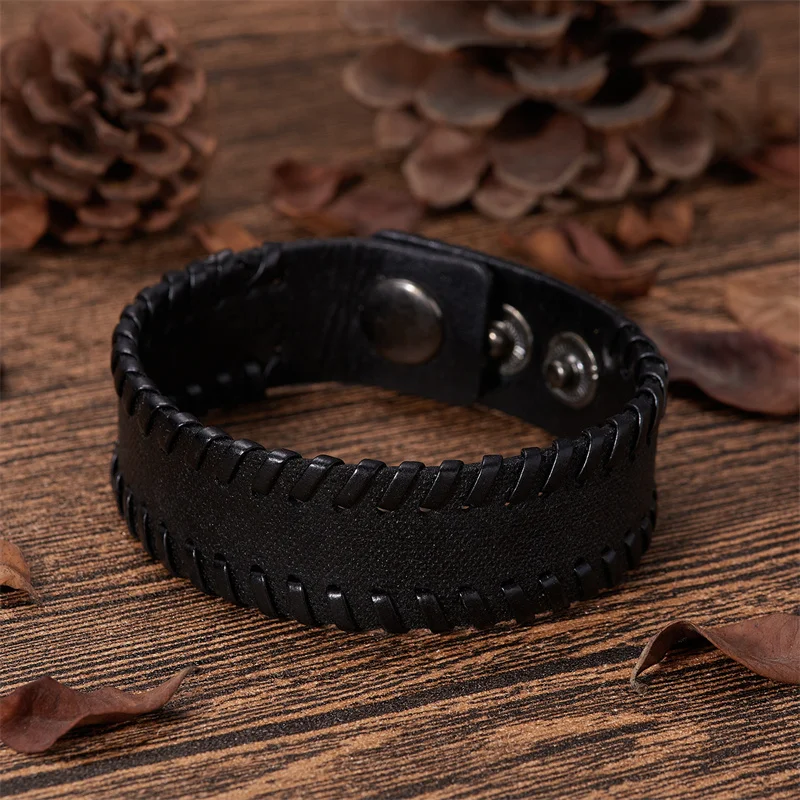 Vintage Black Brown Braided Wide Wrap Bracelets For Men Punk Buckle Leather Bracelet & Bangle Couple Wristband Jewelry Male Gift